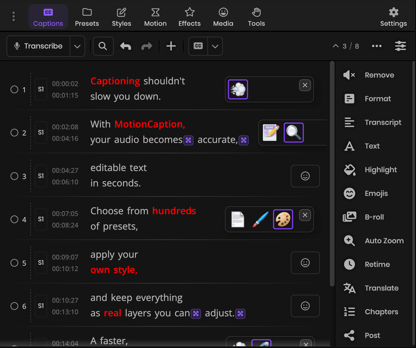 MotionCaption Captions tab: caption rows with in and out times, highlighted words, suggested emojis, and the action rail