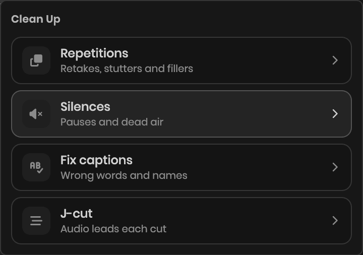 MotionCaption Clean Up menu in Premiere: four mode cards, Repetitions, Silences, Fix captions and J-cut
