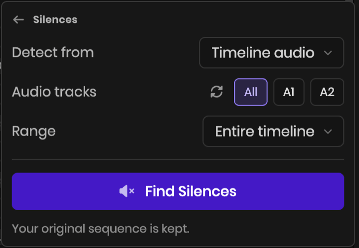 MotionCaption Clean Up, Silences mode in Premiere: a back arrow beside the title, a Detect from dropdown, Audio tracks buttons for All, A1 and A2, a Range dropdown, a Find Silences button, and a note that the original sequence is kept