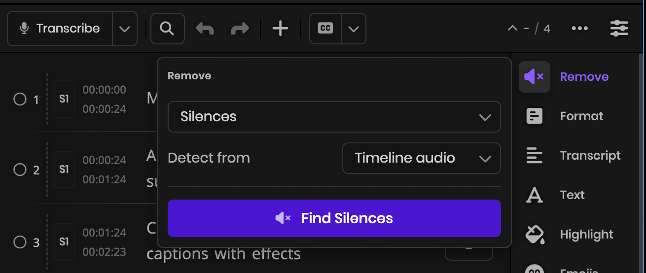 MotionCaption Clean Up popover: a Silences mode dropdown, a Detect from source dropdown, and a Find Silences button