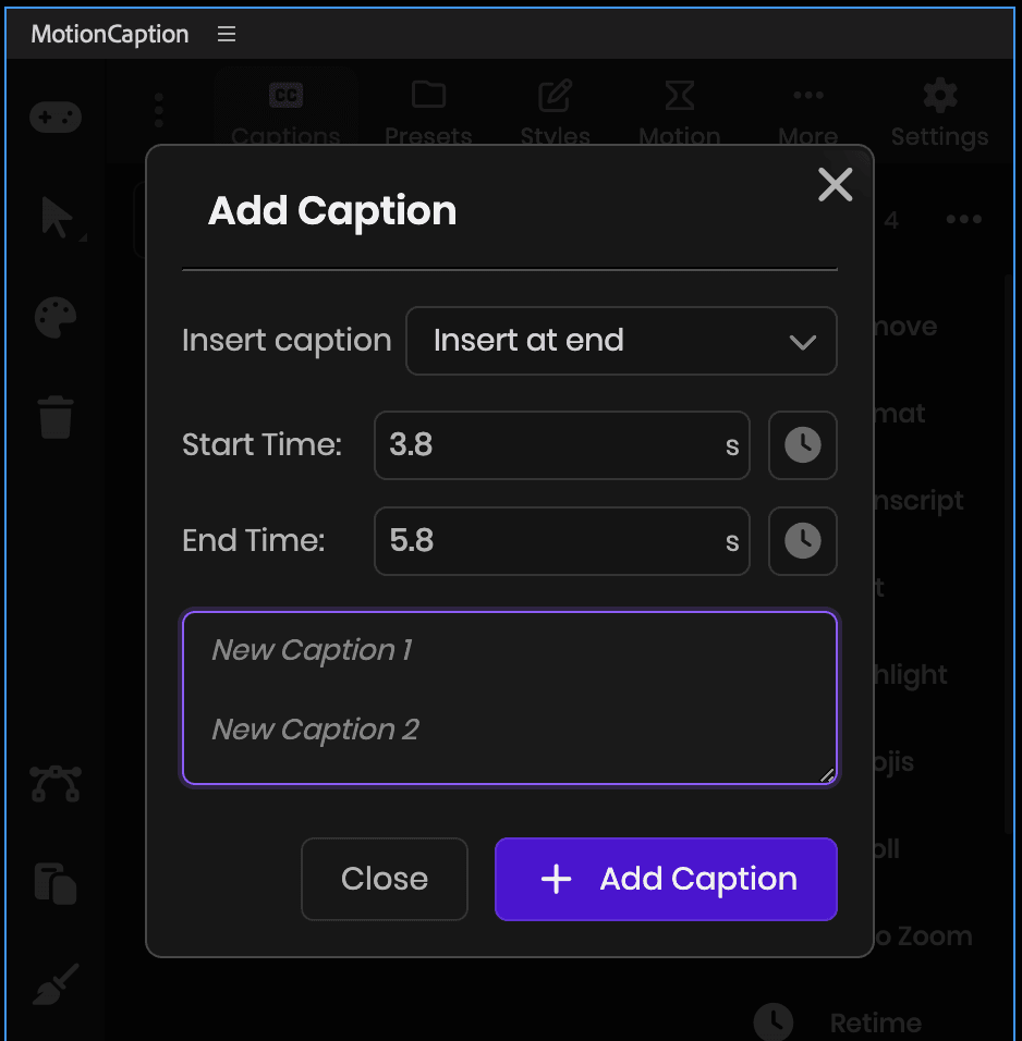 MotionCaption Add Caption dialog: insert position, start and end time, and a caption text box
