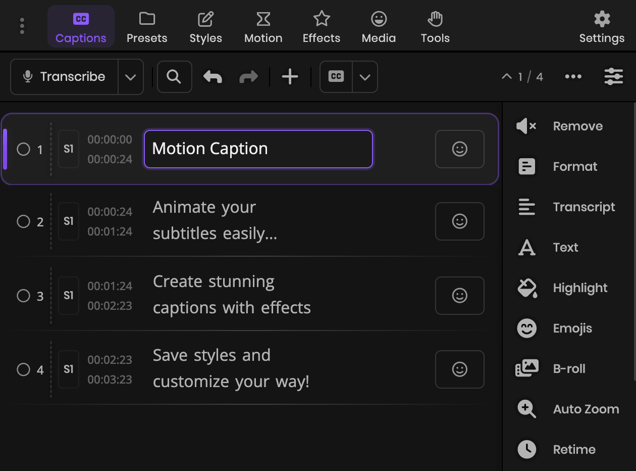 MotionCaption Captions section: caption rows with in and out times, one row being edited, and the action rail beside the list
