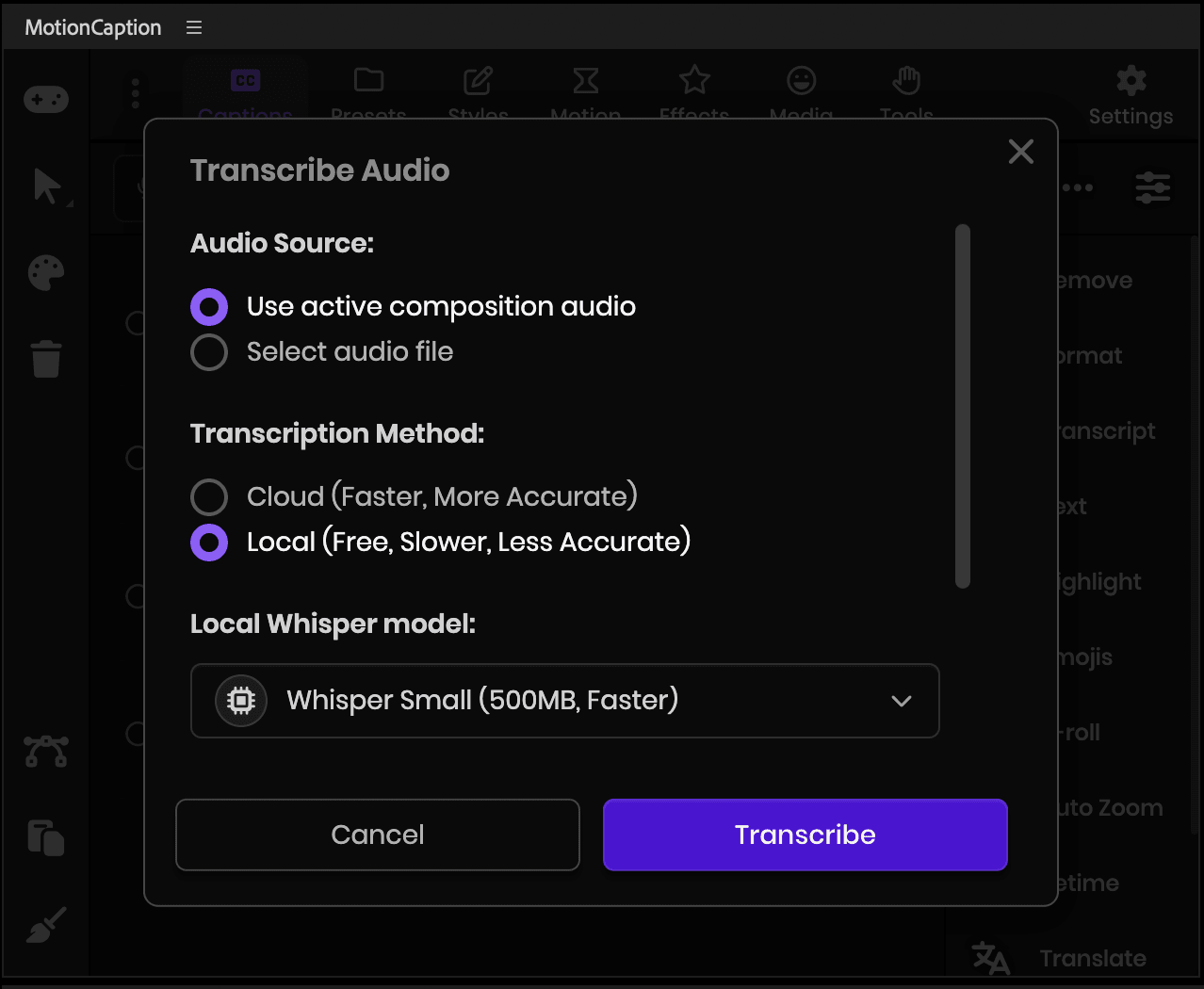 MotionCaption Transcribe Audio dialog: audio source, Cloud or Local transcription method, and Whisper model size