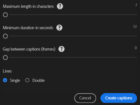 Premiere Create Captions: minimum maximum characters, single line, and related options
