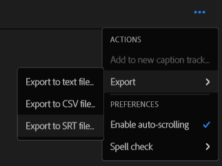 Premiere Text panel: Captions menu with Export and Export to SRT file
