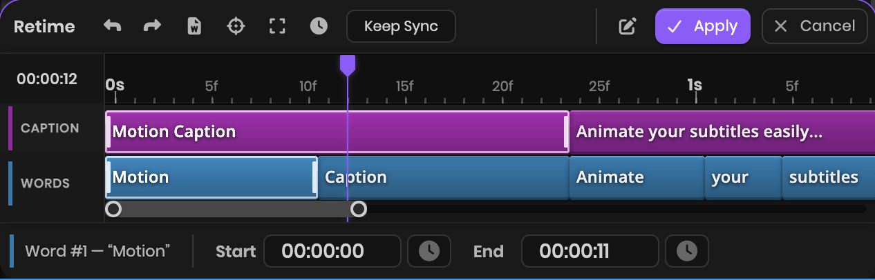 MotionCaption Retime panel: caption and word tracks on a mini timeline with start and end fields