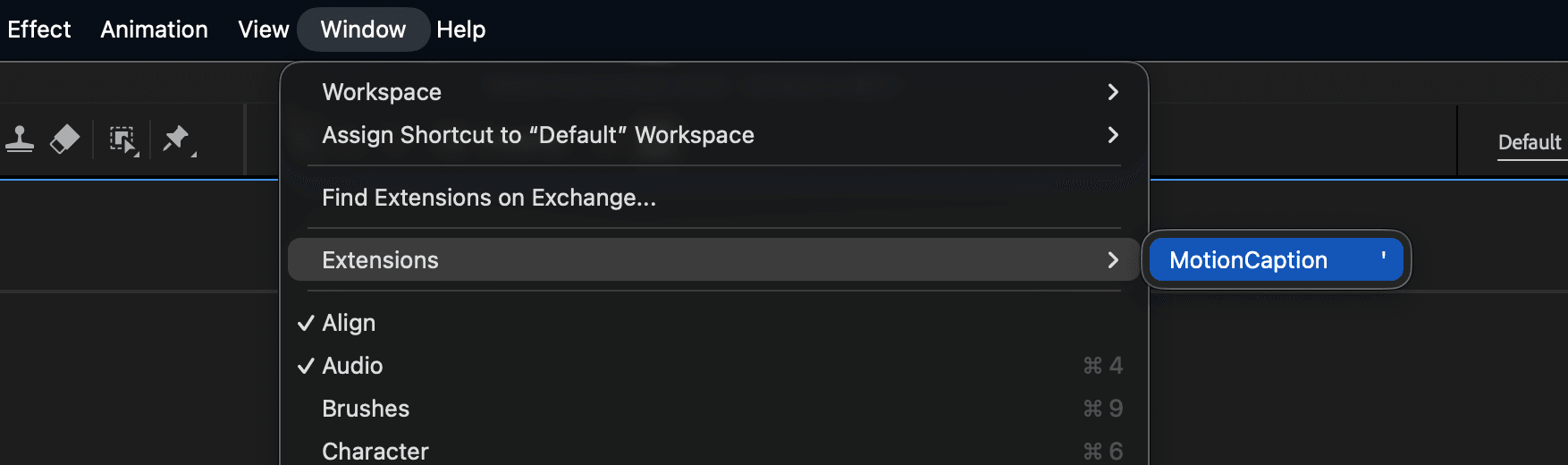 After Effects Window menu with the Extensions submenu open and MotionCaption highlighted