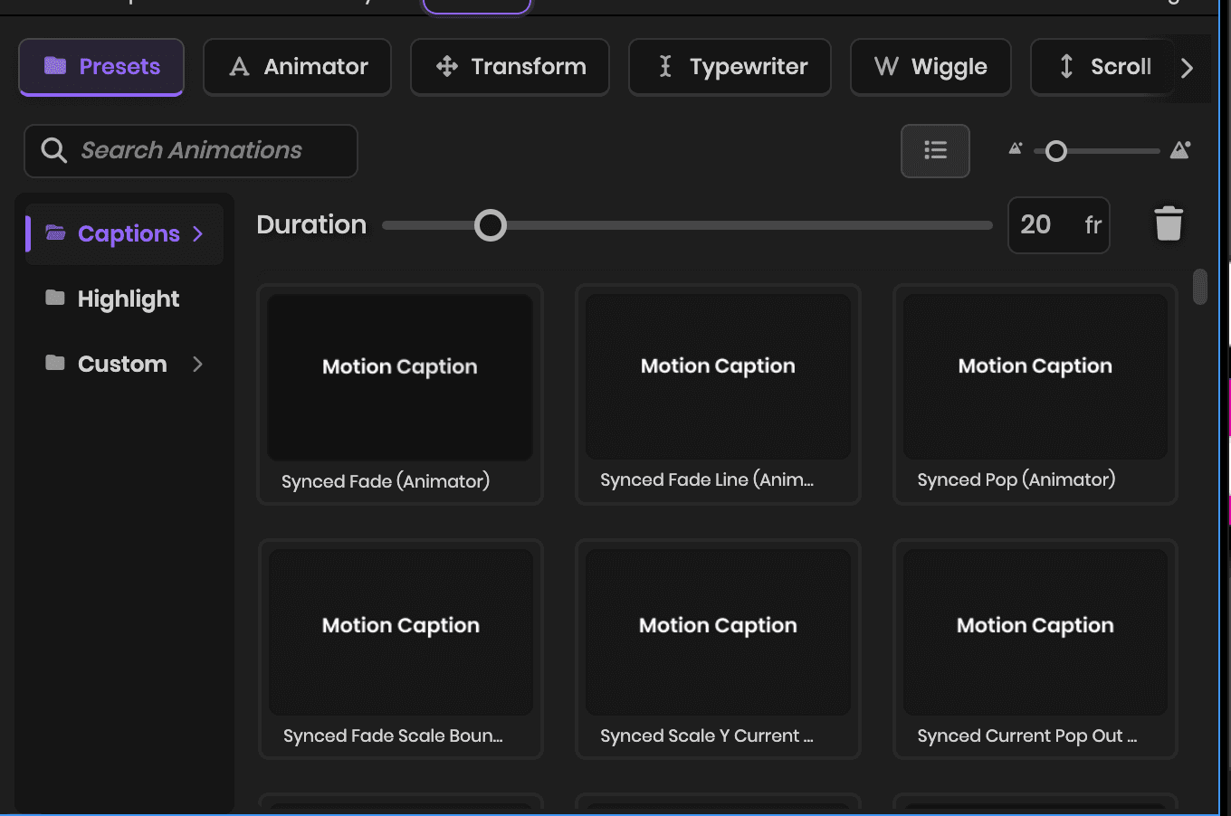 Motion toolkit panel