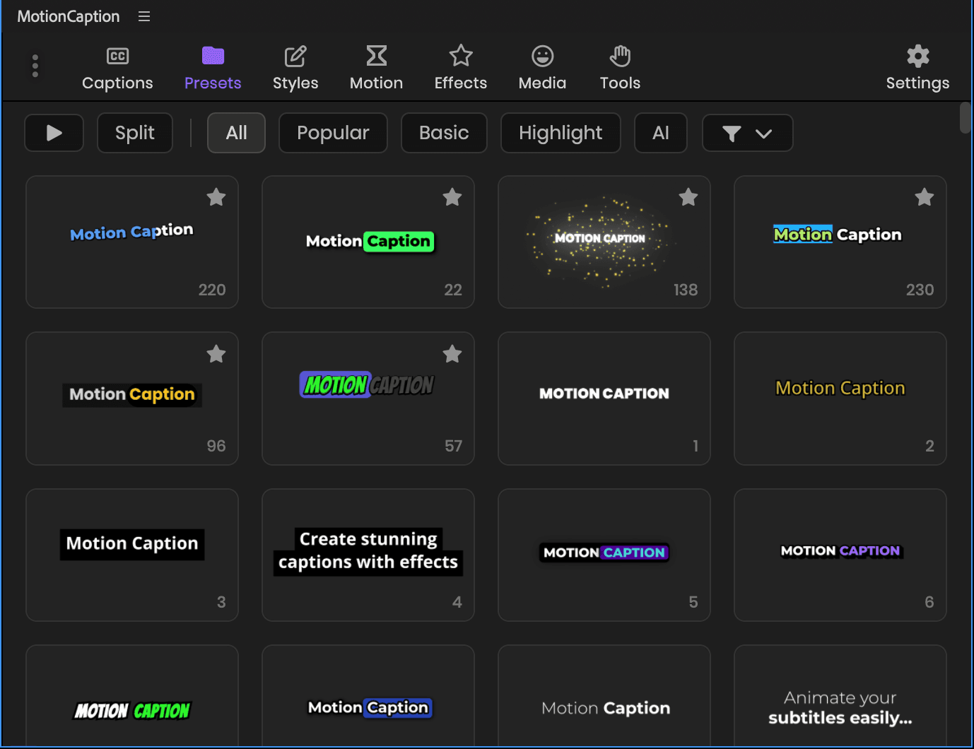 Animated presets panel